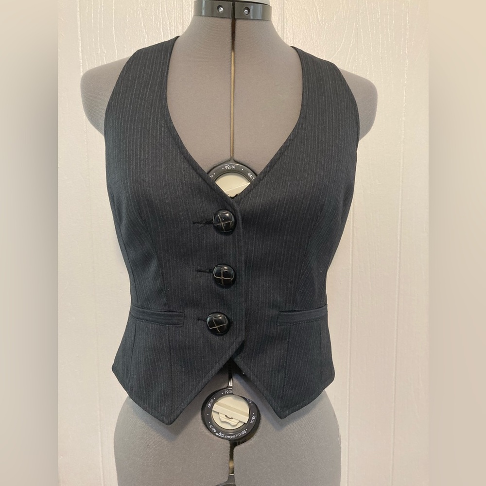 Emphasis vintage halter pen stripes charcoal, gray vest, size 6.